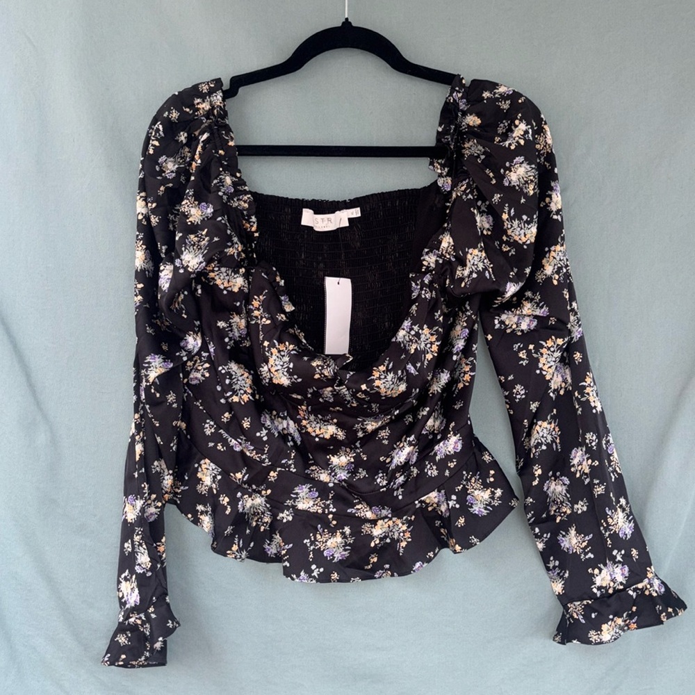 Astr Black Floral Women's Top